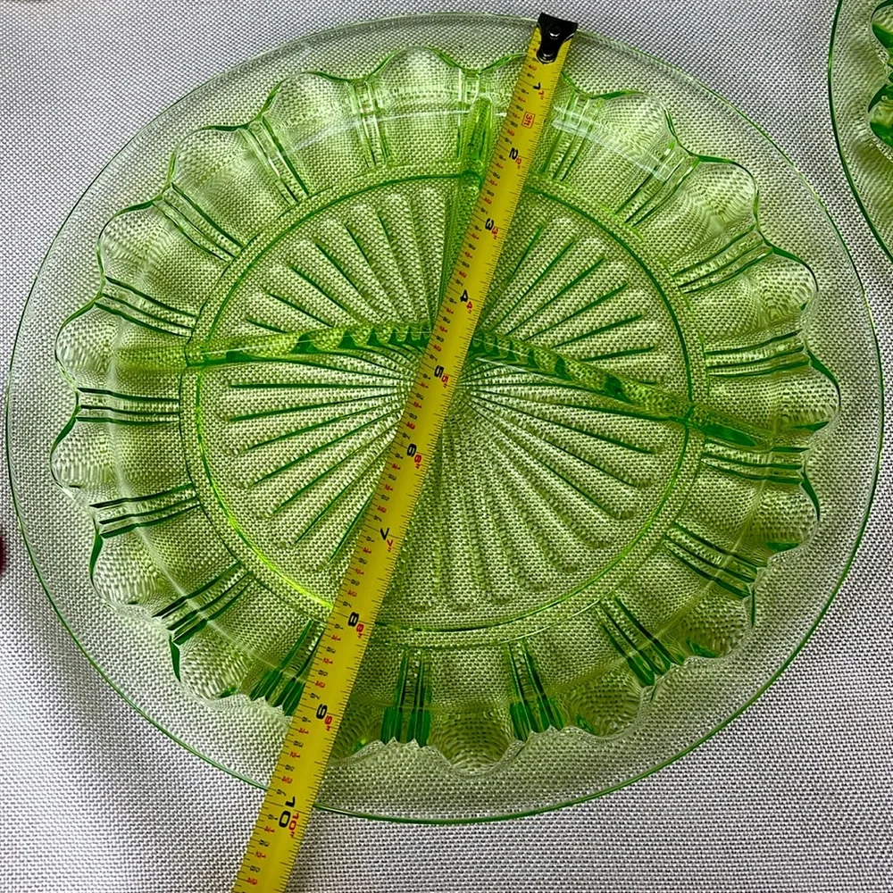 Pair Vintage uranium glowing Glass 3 section Plates 10”